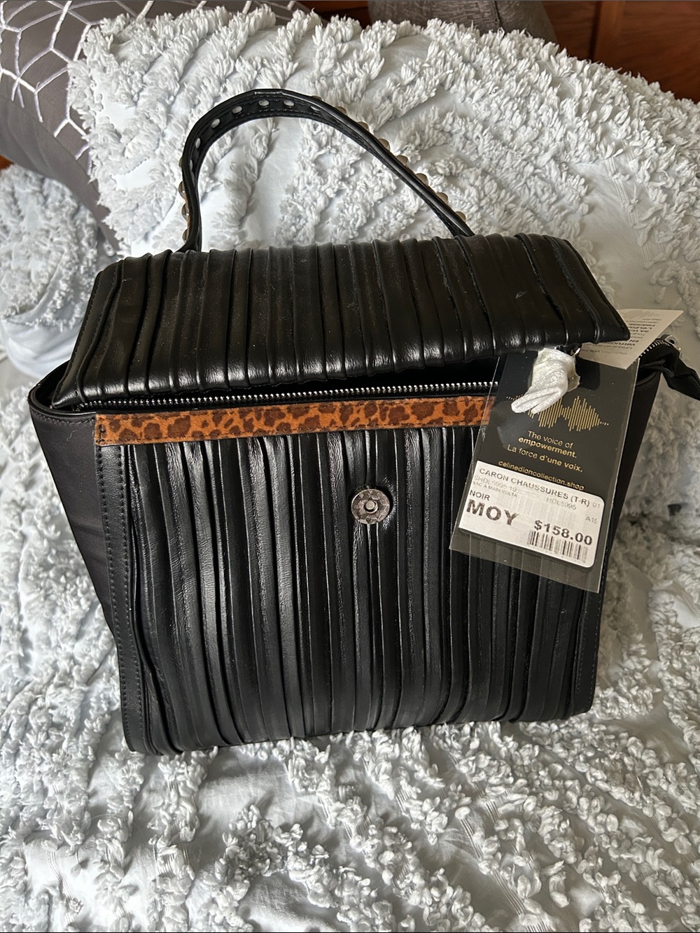 Black Ribbed Satchel with Leopard-Trim Accent